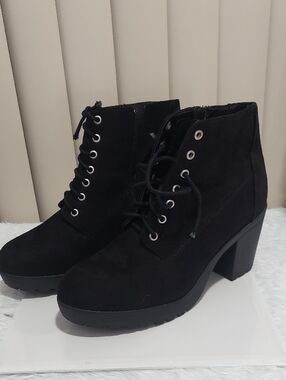Classic Black Lace-Up Block Heel Ankle Boots - Women's